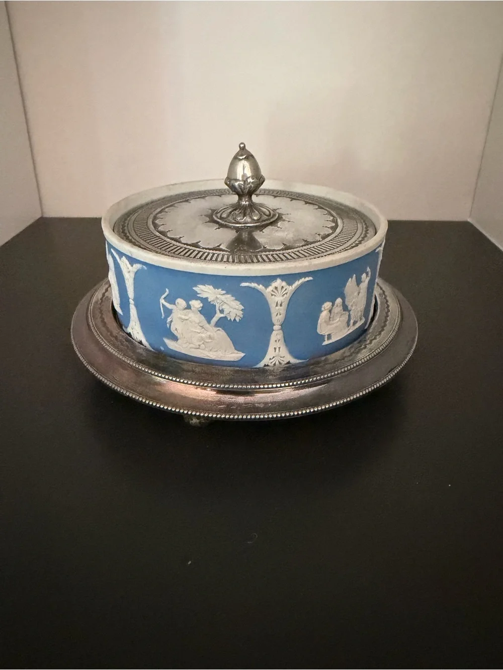Antique Wedgwood Light Blue Jasperware Lidded Butter Dish w/ Silverplate Stand